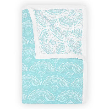 Divine Casa 120 GSM Microfiber Single Dohar Soft & Lightweight Throw Blanket Art Deco Fan Pattern Colour Aqua & White