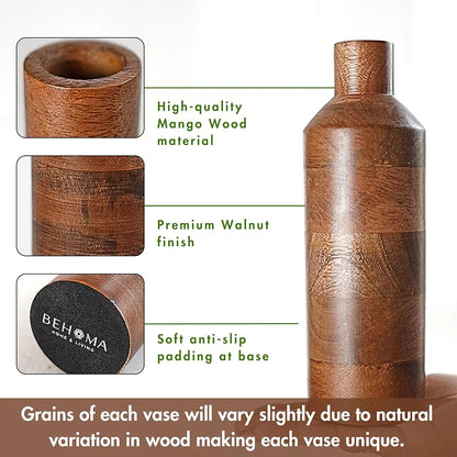 Behoma Wooden Flower Vase Set of 2 Bottle Shape Mango Wood Vases Walnut Dark Brown Flowers not Included