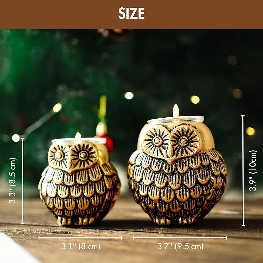 BEHOMA Aluminium Owls with Votives Set of Mother and Child | Statue for Home Decor Tabletop Living Room | Candle Holder Gift Showpiece for Mothers Day, Birthday, Anniversary | Votives Candle Included