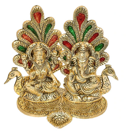 Chhariya Crafts Laxmi Ganesh Idol Statue with Diya Peacock Design Decorative Showpiece for Home and Office Decor Gift Item - 14 cm