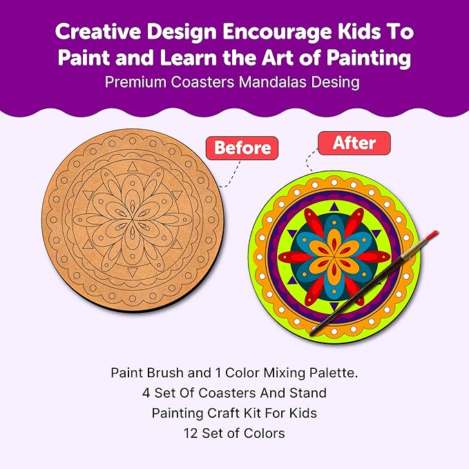 Mini Leaves Wooden Mandala Painting Kit Tea Coaster Art and Craft Kit With Wooden Stand- Advance Level | Set of 4