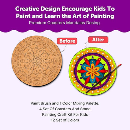 Mini Leaves Wooden Mandala Painting Kit Tea Coaster Art and Craft Kit With Wooden Stand- Advance Level | Set of 4