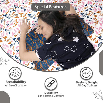 Divine Casa Double Size Bedsheet for Double Bed 144 TC Pure Cotton Queen Size with 2 Pillow Covers Floral Colour Peach Blue
