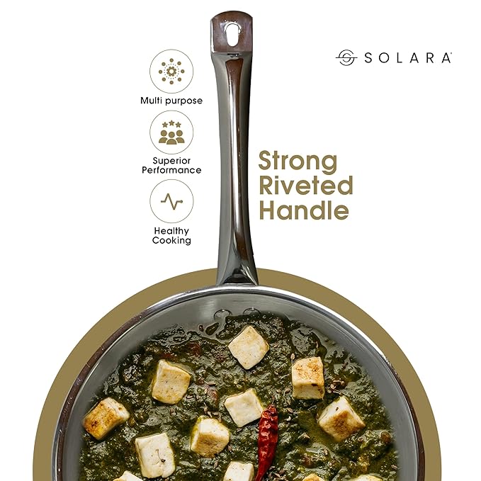 Solara Triply Stainless Steel Frypan with Lid 22 cm Gas Stove and Induction Friendly Frying Pan