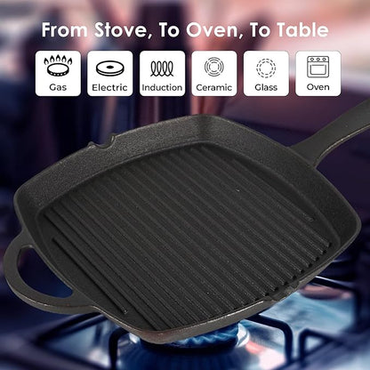 Solara Premium Pre-seasoned Cast Iron Grill Pan With Long Handle | 24 Cm | Induction Friendly | Toxin-free Tandoor Grill Pan