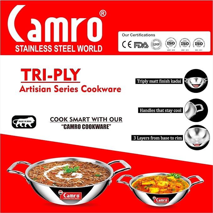 Camro Triply Artisian Serving Pot with Lid 18 No 6.2 Liters Induction Friendly Dishwasher Safe
