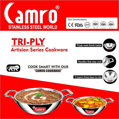 Camro Triply Artisian Kadhai 28 Cm 4.4 Liters kadhai Steel Stainless Kadhai for Deep Frying