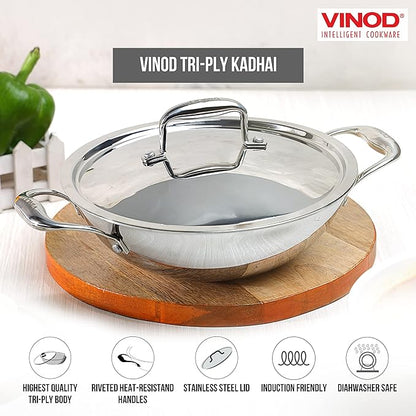 Vinod Platinum Triply Stainless Steel Cookware Kadai With Lid | 2.5 Litres | 24 Cm | 2.5 Mm Thick | 3 Layer Kadhai