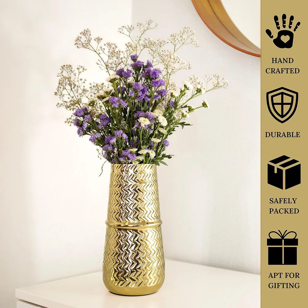 Behoma Arrow Engrave Metal Vase Golden 1 Large Pcs Flowers not Included