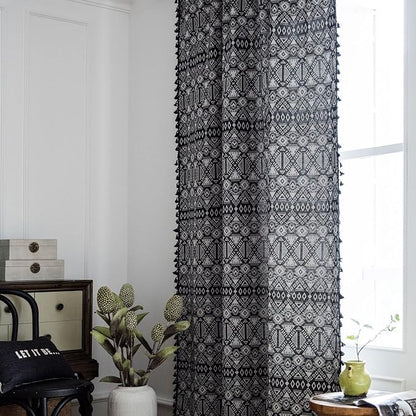 Huesland Cotton Curtains for Door, 7 Feet Long 1 Bohemian Eyelet Curtain | Geometric Black