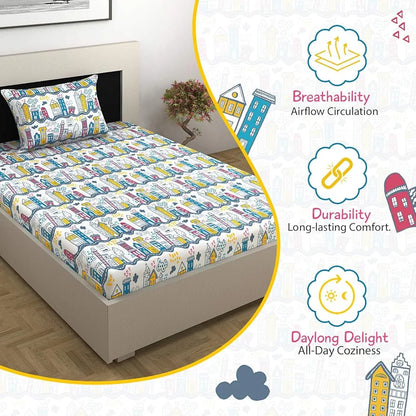 Divine Casa 144 TC 100% Cotton Single Bedsheet with 1 Pillow Cover Abstract PatternColour Heaven White