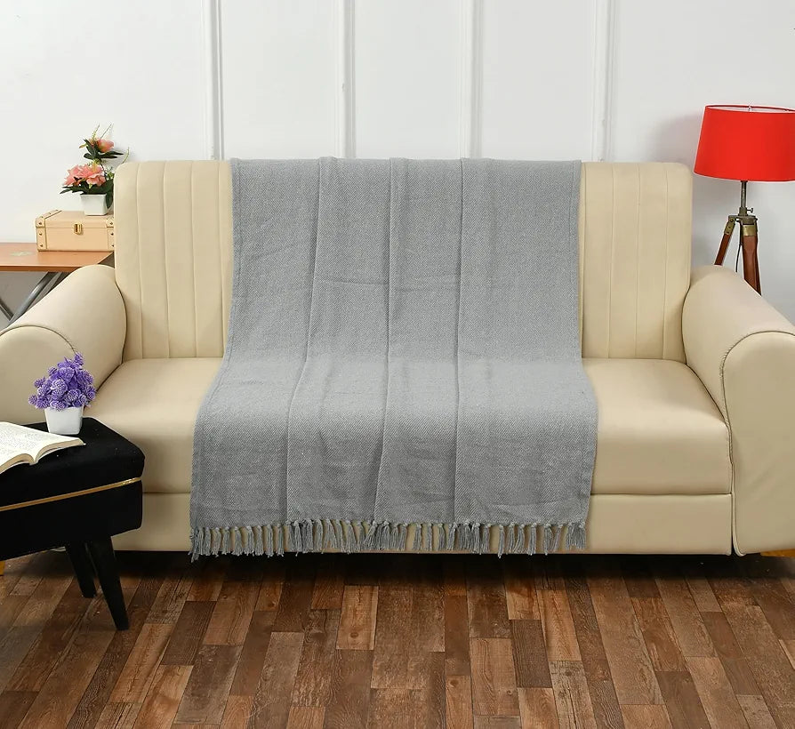 Sashaa World Solid Grey Cotton Throw Colour Light Grey