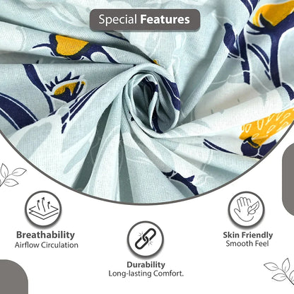 Divine Casa 100% Cotton Bedsheet for Single Bed, 144 TC Bedsheet Single Size Bed Cotton with 1 Pillow Cover Colour Aqua Bloom
