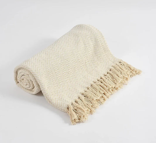 Sashaa World Chevron Cotton Sofa Throw with Tassels Colour Beige and Natural