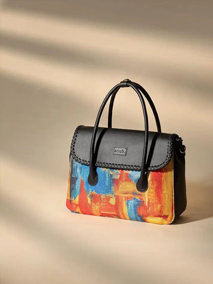 Zouk Printed Jute Handcrafted Vegan Leather & Jute Multicolor Women's Satchel Bag