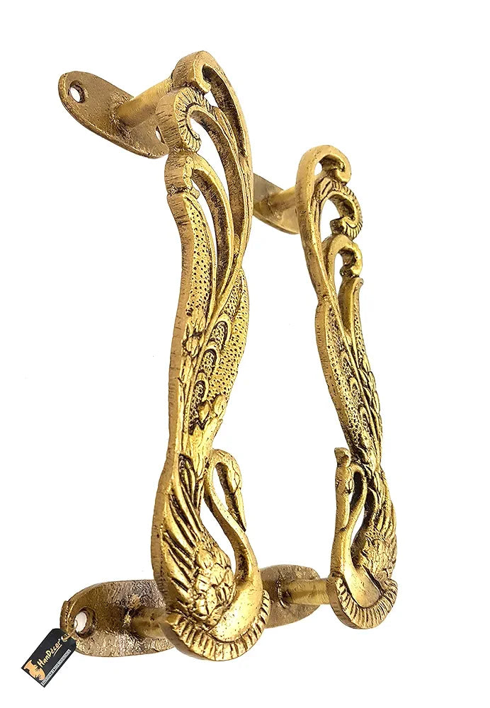 Two Moustaches Peacock Design 7 Inches Brass Door Handle Pair - Antique Yellow Standard