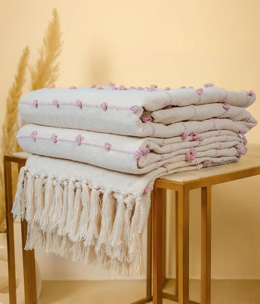 Sajavat Home Hand Knitted Pure Cotton 3 Seater Sofa Throw Beige & Pink