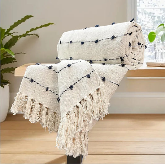 Sajavat Home Hand Knitted Pure Cotton 3 Seater Sofa Throw Colour Beige & Black