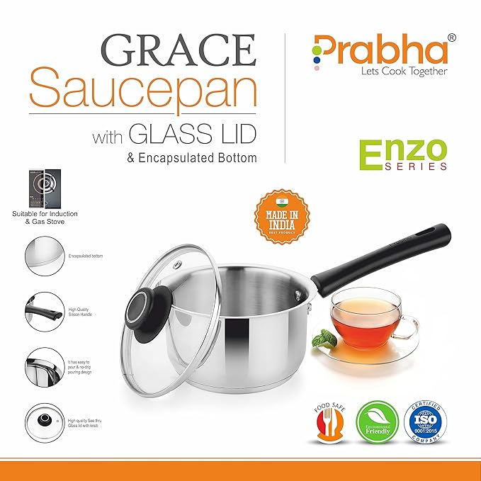 Prabha Heavy Gauge Encapsulated Base Stainless Steel Induction Base Saucepan Sauce Pan 1.2 L Size 14cm