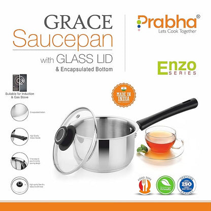Prabha Heavy Gauge Encapsulated Base Stainless Steel Induction Base Saucepan with Lid 0.85 L Size 12cm