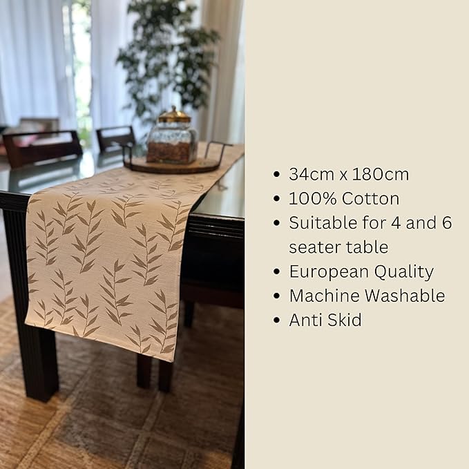 Oak & Lily Table Runner in Ivory & Beige Leaf Print Washable 4 Seater & 6 Seater Dining and Center Tables