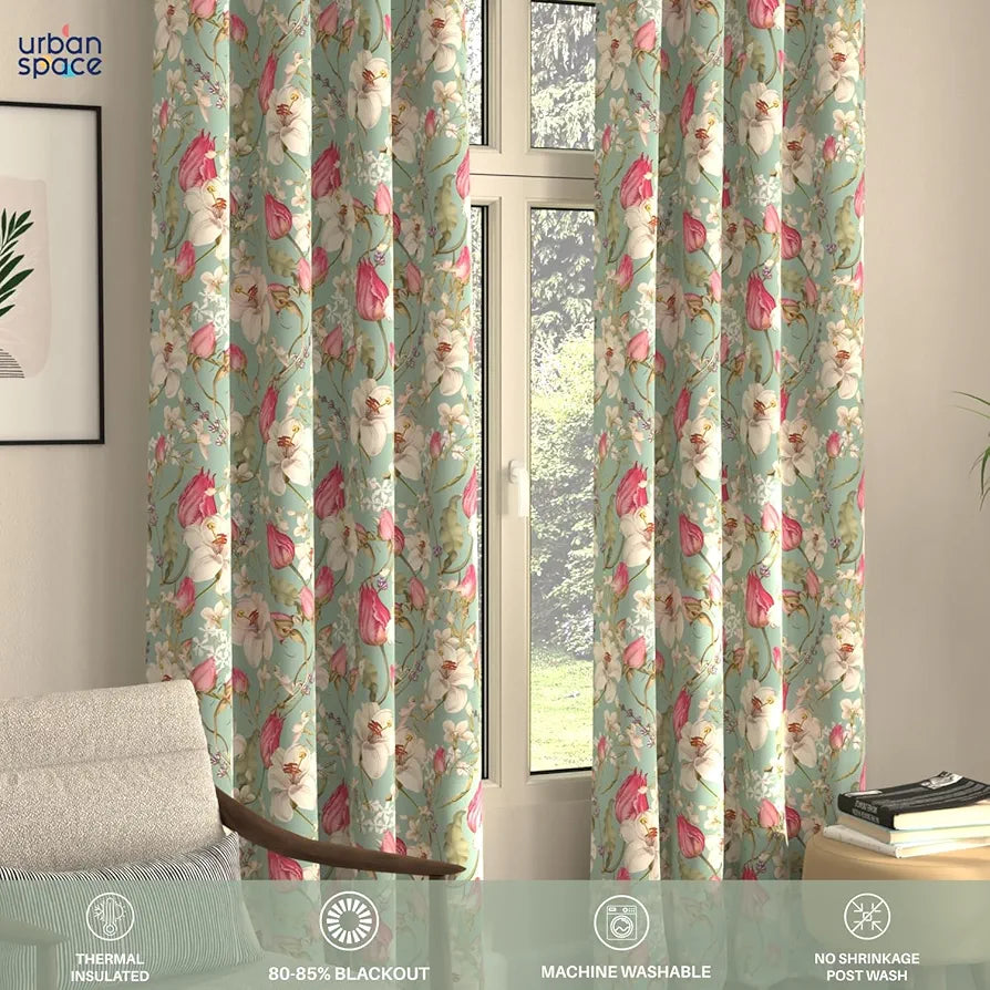 Urban Space Digital Printed Blackout Curtains for Door Bedroom Room Darkening Blackout Kids Decorative Curtains Flora Nova Sage