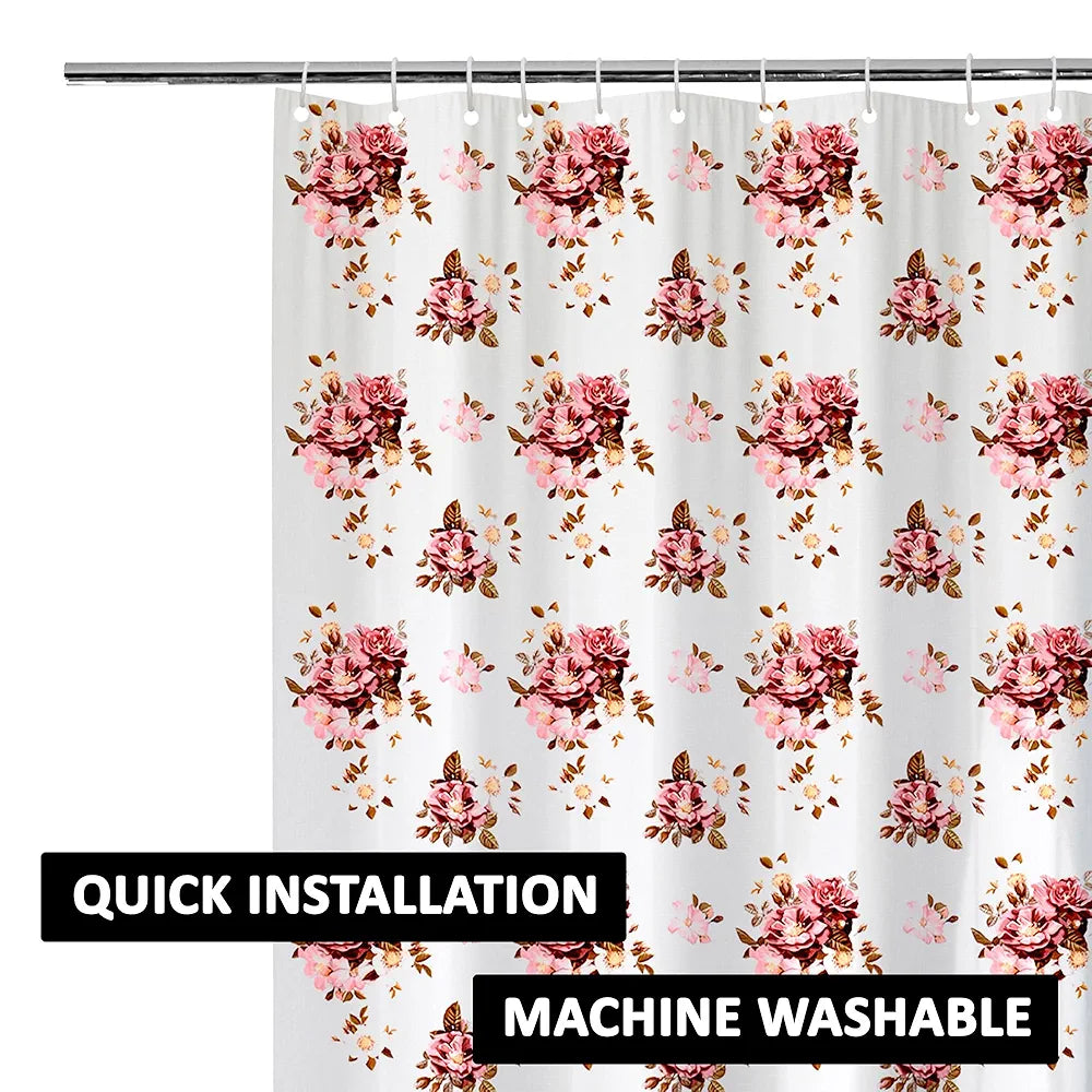 Kuber Industries Shower Curtain Bathroom Shower Curtain 8 Rings Curtain Pink Flower Transparent
