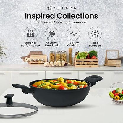 Solara 24cm 2.4L Non Stick Kadai Induction Kadai Granite Stone with Glass Lid Black Colour