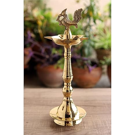 Indian Art Villa Pure Brass Shine Finish Stand Pillar Diya Deepak Lamp 14 Inches, Set of 2