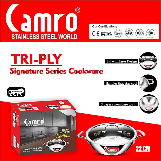 Camro Tripro Triply Signature Kadhai with lid 22 Cm 2.0 Liters Capacity Stainless Steel Lid for Curry