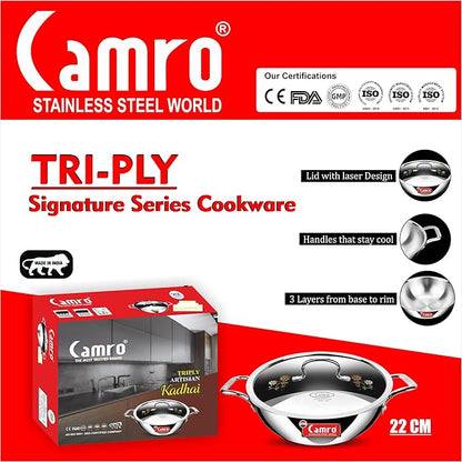 Camro Tripro Triply Signature Kadhai with lid 22 Cm 2.0 Liters Capacity Stainless Steel Lid for Curry