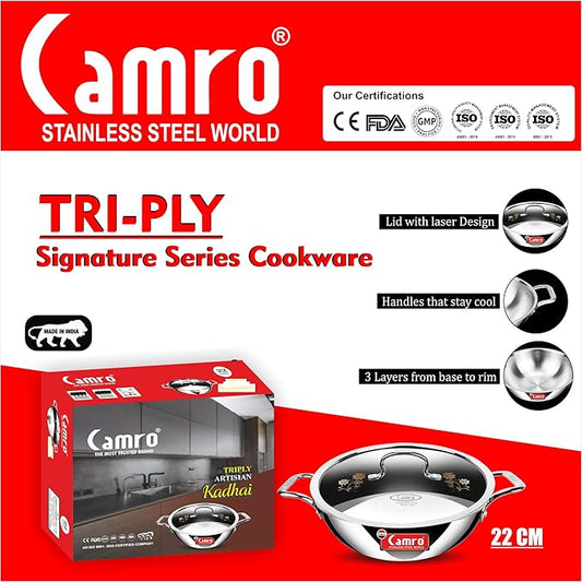 Camro Tripro Triply Signature Kadhai with lid 22 Cm 2.0 Liters Capacity Stainless Steel Lid for Curry