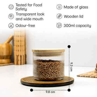 Anko 300ml Borosilicate Ribbed Glass Jar | Airtight | Rubberwood Lid | Set of 1
