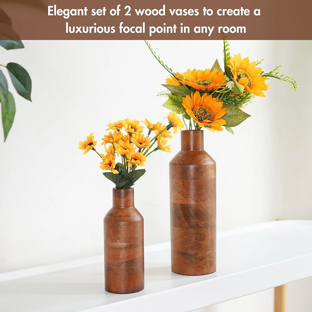 Behoma Wooden Flower Vase Set of 2 Bottle Shape Mango Wood Vases Walnut Dark Brown Flowers not Included
