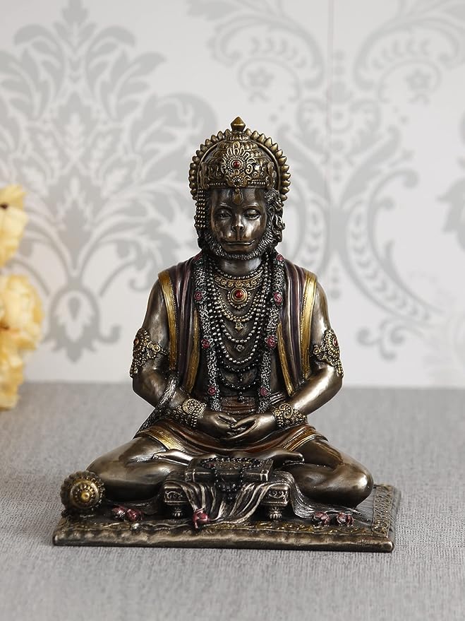 Ecraftindia Handcrafted Polyresin Bronze Finish Meditating Lord Hanuman Statue God Idol Perfect Hanuman Jayanti