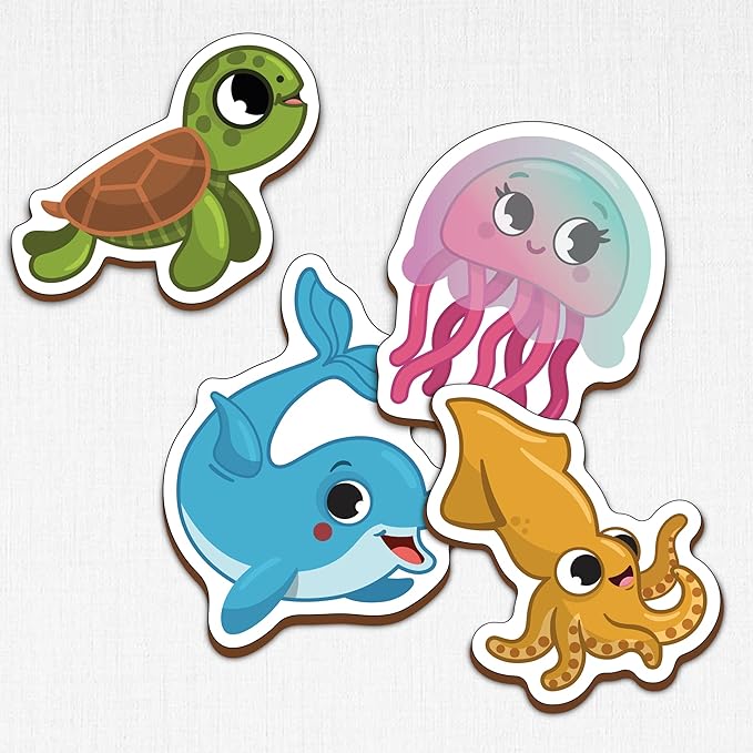 Mini Leaves Ocean Animals Wooden Fridge Magnets | Colorful Shape Learning Toy Set | Preschool Toys for Kids