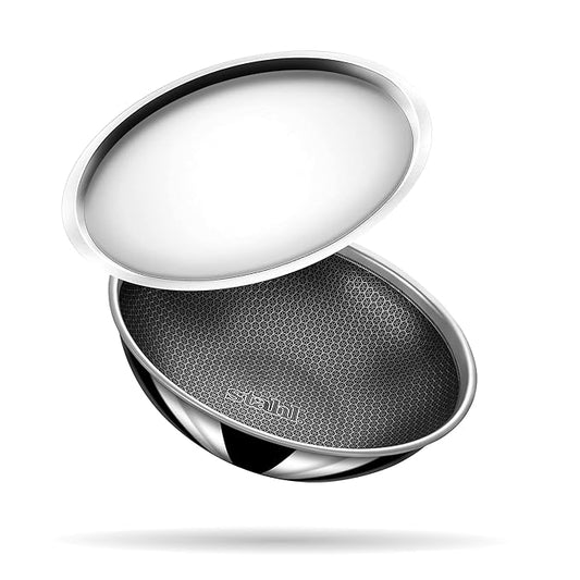 Stahl Artisan Hybrid Triply Non Stick Tasla With Lid | Stainless Steel Kadai/ Tasla for Cooking | 2.4 L | 24 Cm
