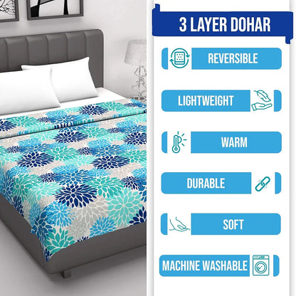 Divine Casa Floret 100% Cotton Double Dohar 120 GSM Soft & Lightweight Throw Blanket Colour Blue Aqua