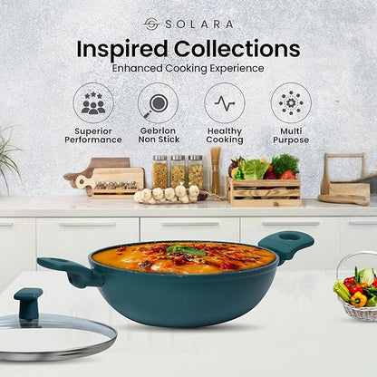 Solara 24 Cm, 2.4 Litres Non Stick Kadai, Granite Stone Kadhai With Glass Lid, Kadai With Lid for Cooking | Bezel