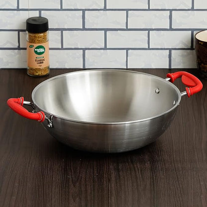 Femora Stainless Steel Zero Non-stick Coating Healthy Cooking Tri-ply Deep Frying Kadhai Pan With Silicone Handle | Silver | 26 Cm Capacity 3.2 Litres