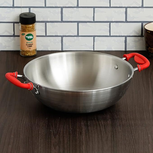 Femora Stainless Steel Zero Non-stick Coating Healthy Cooking Tri-ply Deep Frying Kadhai Pan With Silicone Handle | Silver | 26 Cm Capacity 3.2 Litres