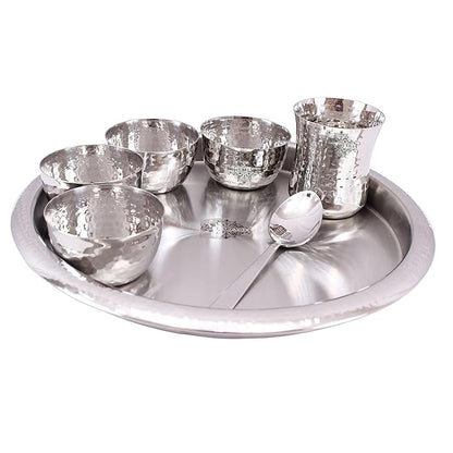 Indian Art Villa Stainless Steel Dinner Set/Thali Set of 1 Plate, 4 Bowls, 1 Glass & 1 Spoon (7 Pieces) - 1100 gms