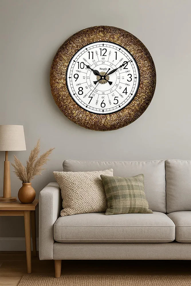 RoyalsCart Ethnic Handcrafted Decorative Wall Clock with Classic Metal Golden Antique Wooden Wall Clock [KTWC221N] Golden Classic Metal