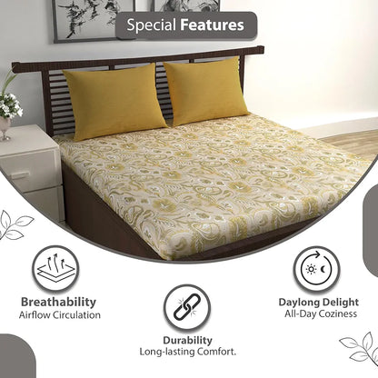 Divine Casa 144 TC 100% Pure Cotton Queen Size Double Bed Bedsheet with 2 Pillow Covers Floral Paisley Colour Mustard Beige