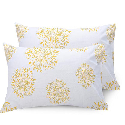 Huesland by Ahmedabad Cotton 144 TC Cotton Bedsheet for Double Bed King Size with 2 Pillow Covers | White (Yellow Print)