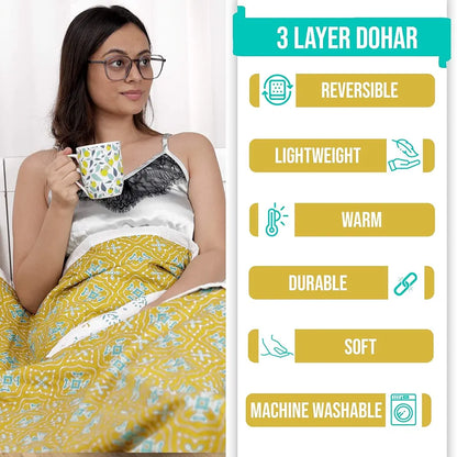 Divine Casa 120 GSM Cotton Reversible Dohar Single Bed Size Jaipuri Abstract Printed Cotton Blanket TC - 120 Colour Warm Olive and White
