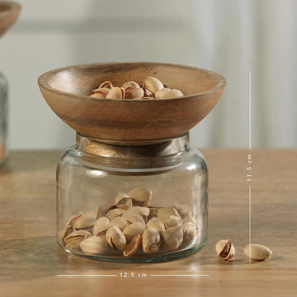 Ellementry Twain Glass Jar with Wooden Bowl | 200ml | Transparent | BPA-Free | Spice Storage