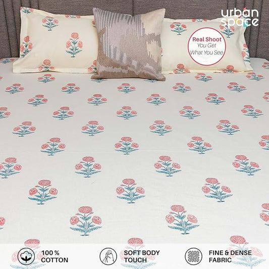 Urban Space Serene Cotton Bedsheet for Double Bed 2 Pillow Covers (Colour Sunflower Pomegranate Pink)