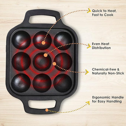 Solara Pre Seasoned Cast Iron Paniyaram Pan 9 Cavities 20 Cm Appam Patra, Paniyarakkal Pan | Cast Iron Cookware