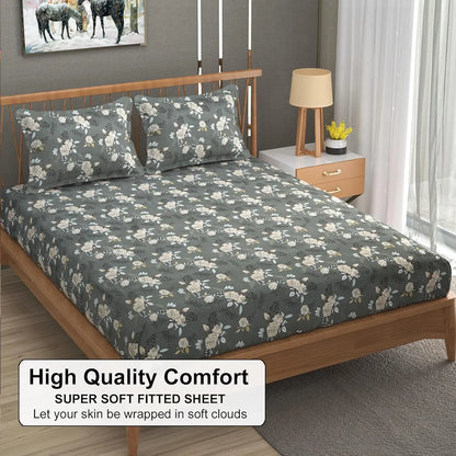 Fresh From Loom King Size Microfiber Fitted Bedsheet Set with Floral Print 240 TC Anti Fade 2 Pillow Covers Rose Oslo Grey